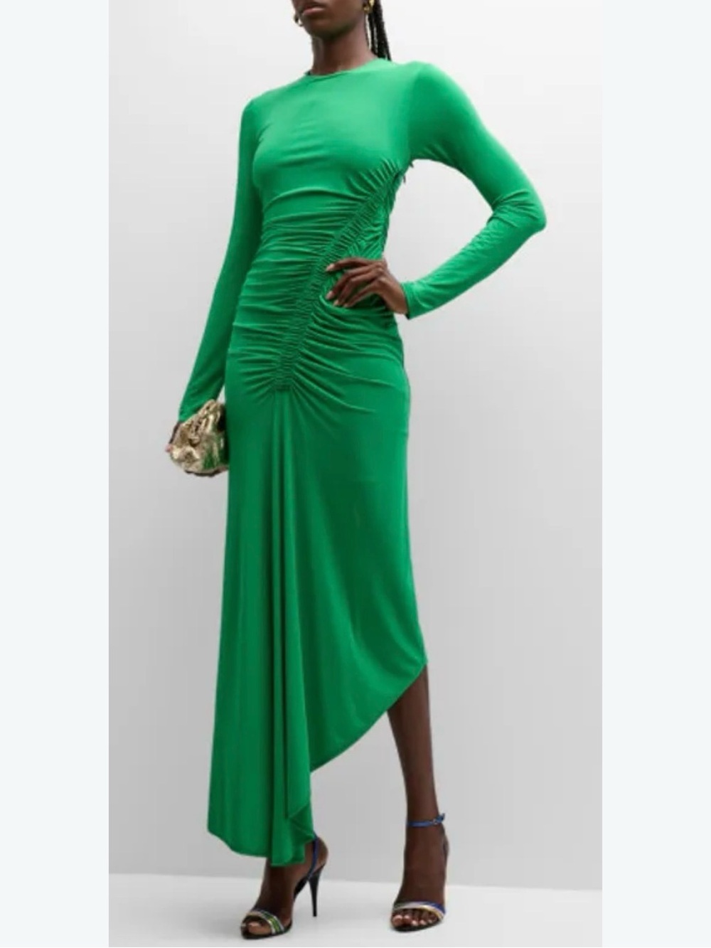 A.L.C. Adeline Long-Sleeve Ruched Emerald Green Asymmetric Maxi Dress